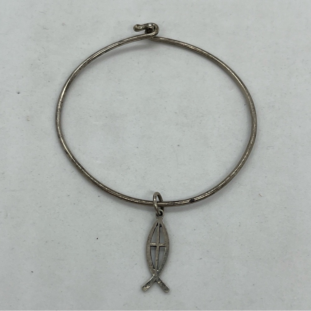 James Avery Retired Sterling Silver Ichthus Fish Cross Charm Bangle Bracelet